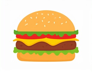 A simple flat vector illustration of a single cheeseburger, with bun, lettuce, tomato, cheese, and patty. Minimalist style, bold colors, no background, isolated on white