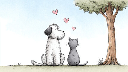 Friendship Between Dog and Cat Under a Tree