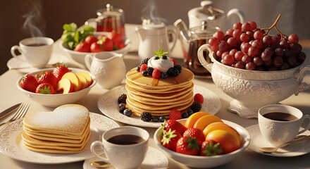 A table setting with pancakes, fruit, and coffee, showcasing a romantic breakfast scene, ideal for Valentine's Day or a cozy morning mood