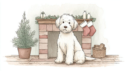 Christmas Dog by the Fireplace
