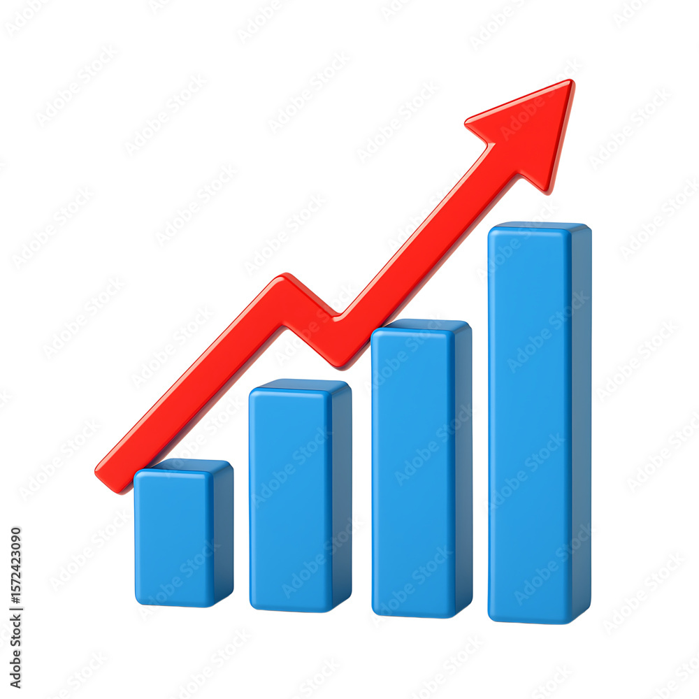 Poster 3d bar graph with red arrow pointing upwards isolated on transparent background