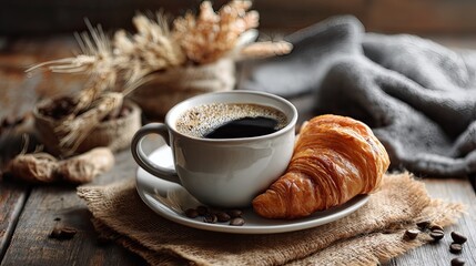 Freshly brewed coffee and croissant on a rustic table.