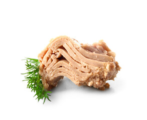 Delicious canned tuna with fresh herbs isolated on white background