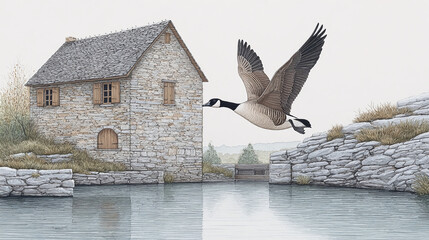 Flying Goose Near Historic Stone Building