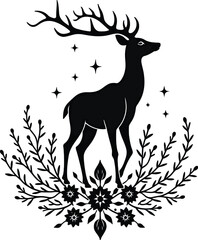 Vector art of silhouette of a majestic stag with intricate antlers surrounded by celestial stars and botanical elements, isolated on white background
