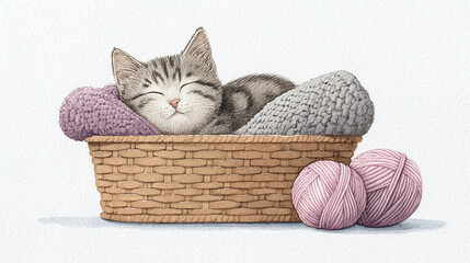 Sleepy Kitten in a Basket with Yarn