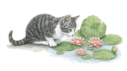 A Kitten's Fascination with Water Lilies