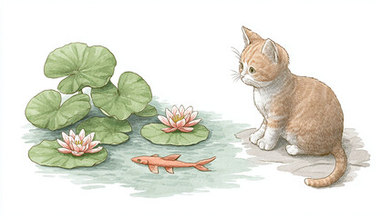 A Kitten by a Pond with Lotus Flowers