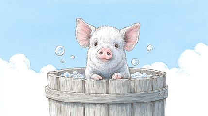 Adorable Piglet Taking a Bath in a Wooden Barrel