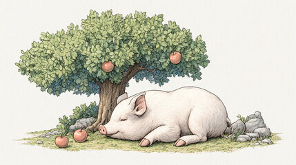 Peaceful Pig Under Apple Tree Illustration