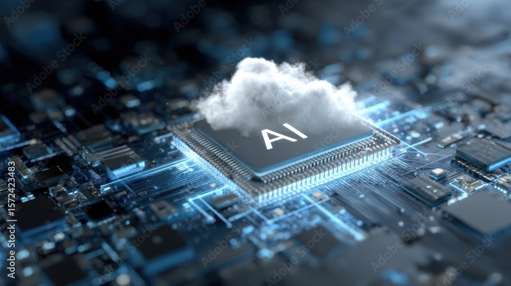 Poster an abstract representation of an ai chip surrounded by a digital cloud emphasizing data flow and con