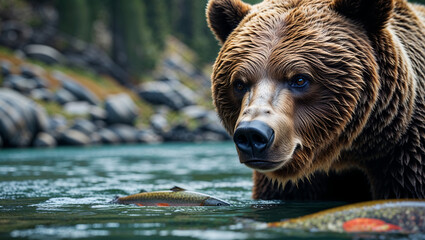 Close-Up of a Brown Bear Emerging from Turquoise Water with Salmon in Natural Forest Setting