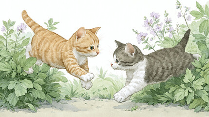 Two Kittens Playful in a Garden