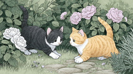 Two Kittens in a Rose Garden