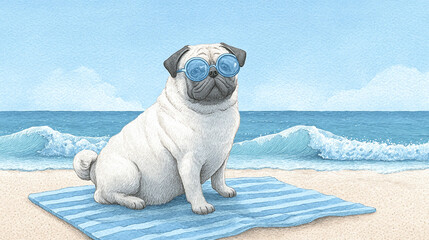 Pug on Beach with Sunglasses - Summer Fun