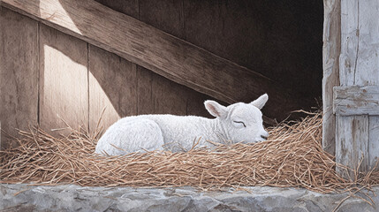 A Peaceful Lamb Napping in a Barn
