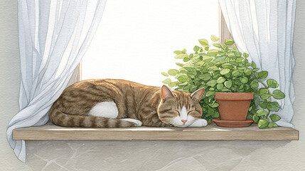 Sleepy Cat on a Windowsill