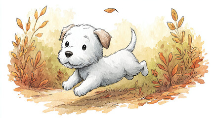 Adorable Little Puppy Playing in Autumn Leaves