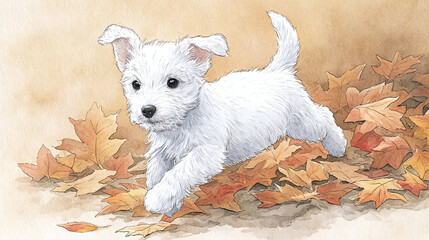 Adorable White Puppy Playing in Autumn Leaves