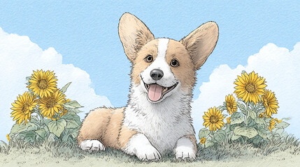 Adorable Corgi Dog in a Sunny Field with Flowers