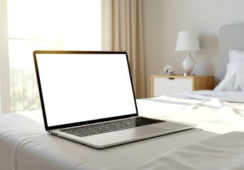 Photo of A laptop with a blank screen sits on a bed in a bright, modern bedroom