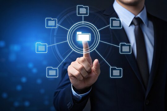 Businessman s finger touches digital interface connecting files and folders - Powered by Adobe