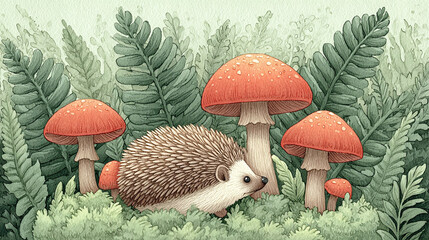 Hedgehog in a Forest with Mushrooms