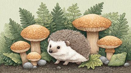 Hedgehog in a Forest with Mushrooms