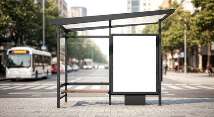 Photo of A bus stop with a blank advertising billboard stands on a city street with traffic