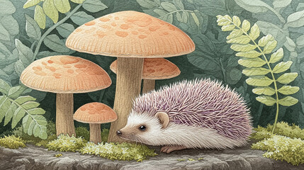 Hedgehog and Mushrooms in a Lush Forest