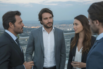 Business People Networking at Rooftop Gathering with City Lights Background, motion blur Business concept, motion bokeh background