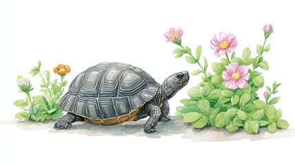 Watercolor Illustration of a Turtle and Flowers