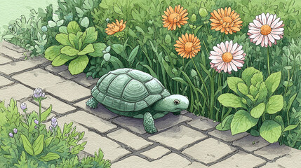 A Turtle's Stroll Through a Floral Garden