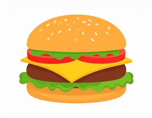 A simple flat vector illustration of a single cheeseburger, with bun, lettuce, tomato, cheese, and patty. Minimalist style, bold colors, no background, isolated on white