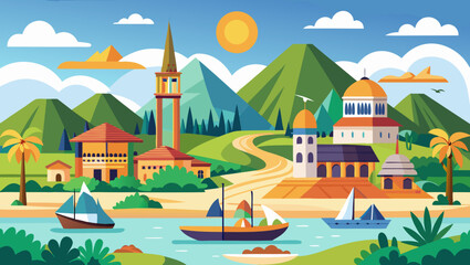 Vector art of a picturesque coastal town nestled between majestic mountains, boats gently bobbing on the calm sea under a vibrant summer sky