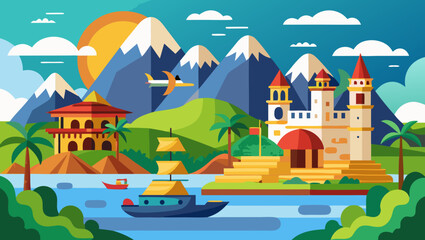 Obraz premium Vector art of a breathtaking view of a coastal city with a majestic castle, boats on the calm sea, and lush palm trees under a bright summer sky