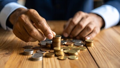 Close-up of hands carefully arranging stacks of coins on a wooden table, suggesting financial planning or investment.