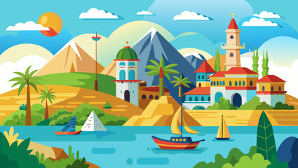Fototapeta premium Vector art of a picturesque coastal city nestled between majestic mountains, with sailboats gliding on the calm sea under a vibrant summer sky