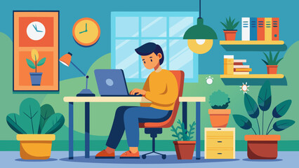 Fototapeta premium Vector art of a man sits at his home office desk, working on his laptop, surrounded by plants and a wellorganized workspace