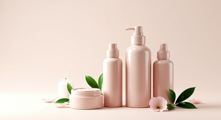 Photo of Pink cosmetic bottles and cream are arranged with flowers and leaves on a pink background