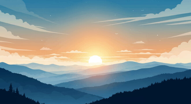 Golden August Morning Landscape with Misty Mountains and Warm Sunrise – Tranquil Minimalist Vector Background