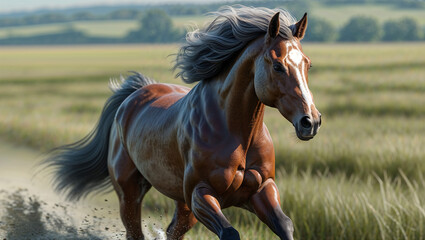 Powerful Muscular Chestnut Horse in Motion with Gleaming Coat, Silver Tail, and Blurred Wheat Field Background in Golden Light

