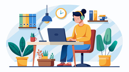 Fototapeta premium Vector art of a focused young woman is working on her laptop at her desk, wearing headphones, surrounded by plants and books, creating a productive and comfortable atmosphere