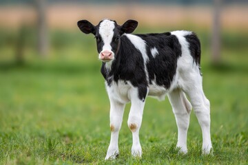 A young black  white calf stands in a grassy field