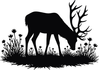 Vector art of silhouette of a stag with large antlers grazing in a grassy meadow isolated on white background