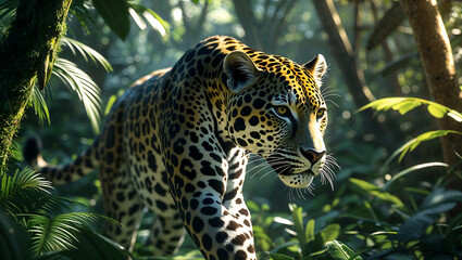 Majestic Jaguar in Rainforest Jungle with Golden Fur and Black Rosettes Under Dappled Sunlight in a Lush Tropical Background