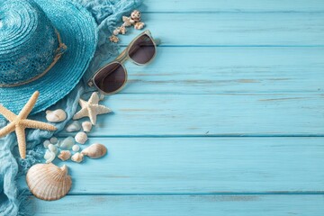 Beachthemed arrangement hat sunglasses seashells  starfish on a light blue wooden surface