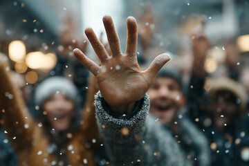 Waving Hand at Winter Event with Cheering Crowd and Snow, motion blur Business concept, motion bokeh background