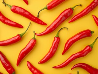 Vibrant Red Chili Peppers on Yellow Background