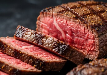 juicy sliced medium-rare steak close-up

